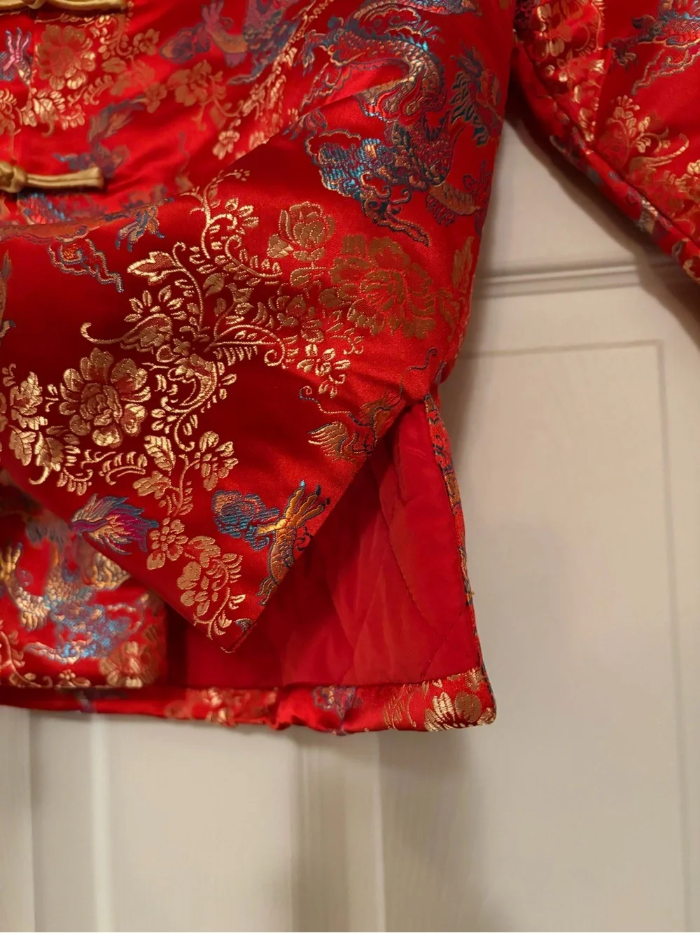 Children's Red Satin Dragon-Pattern Tang Jacket with Gold Trim Sz 8